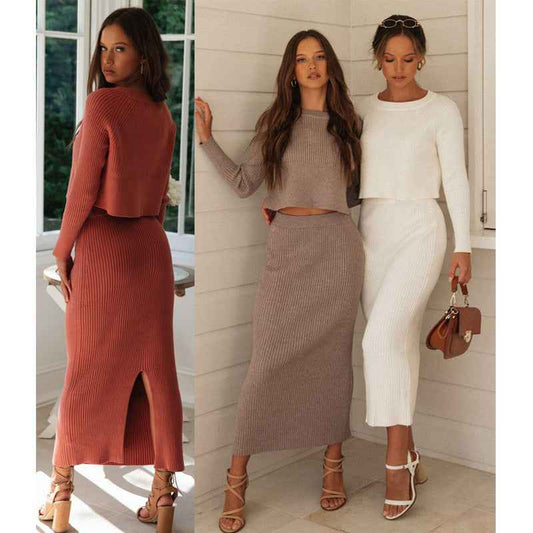 Knitted Slit Long Dress - Women's Sweater Skirt