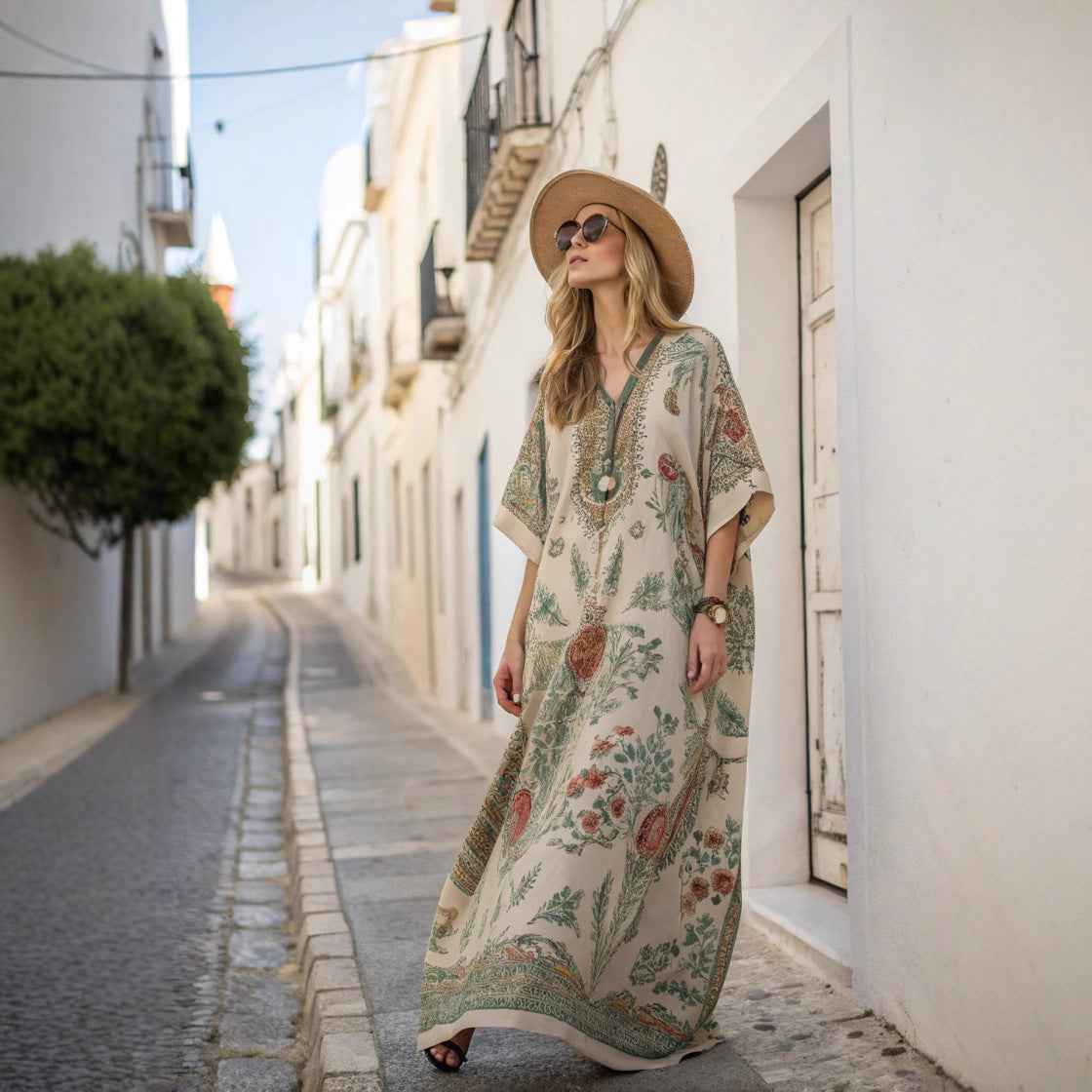 Women's 3D Floral Print V-Neck Dress with Pockets