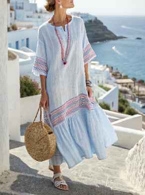 Women's 3D Floral Print V-Neck Dress with Pockets