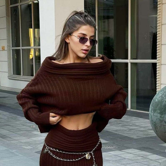 One-Shoulder Knitted Sweater Set - Two Piece Outfit