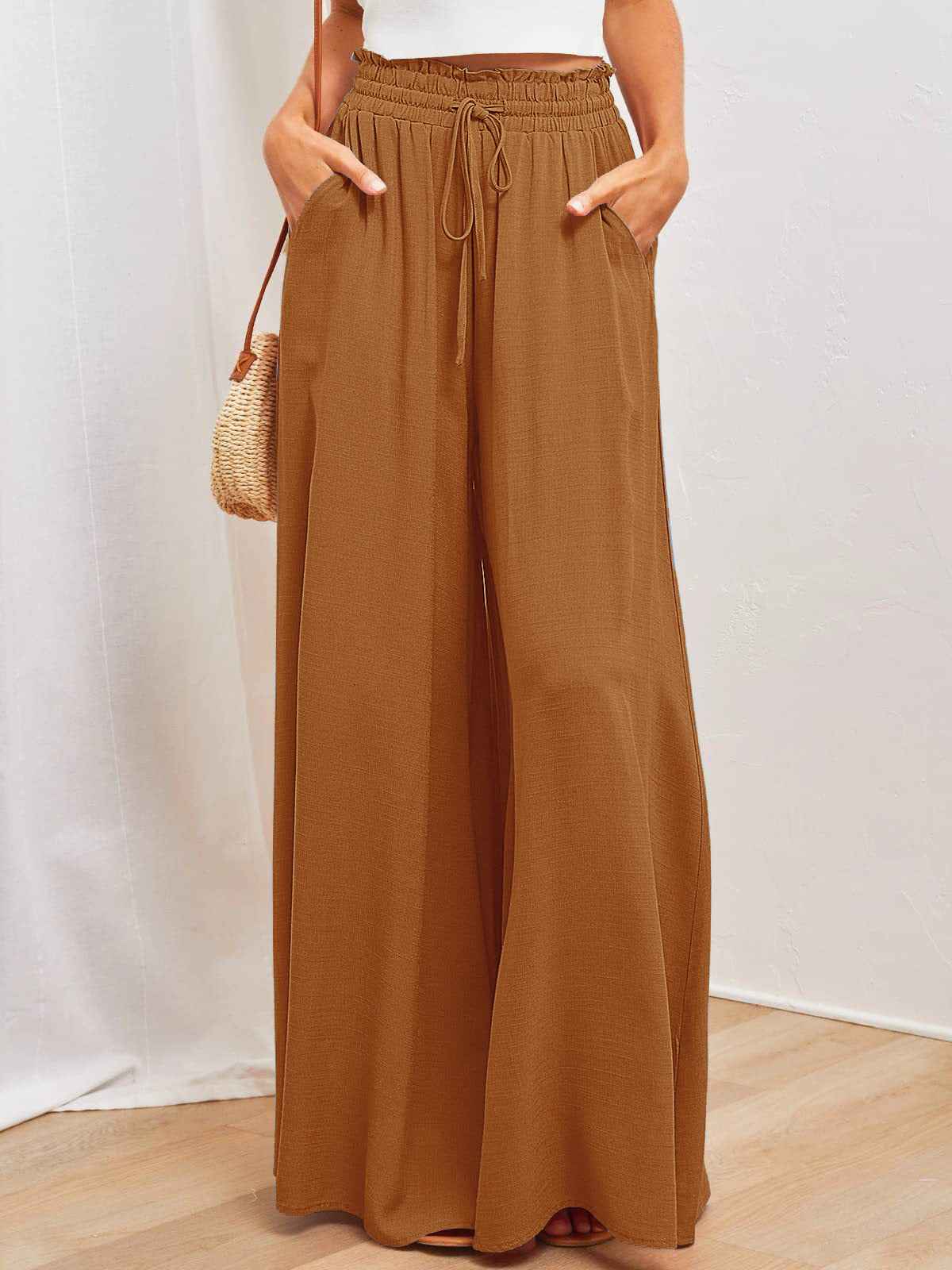 Women's High Waist Wide Leg Trousers | Lightweight Polyester Pants