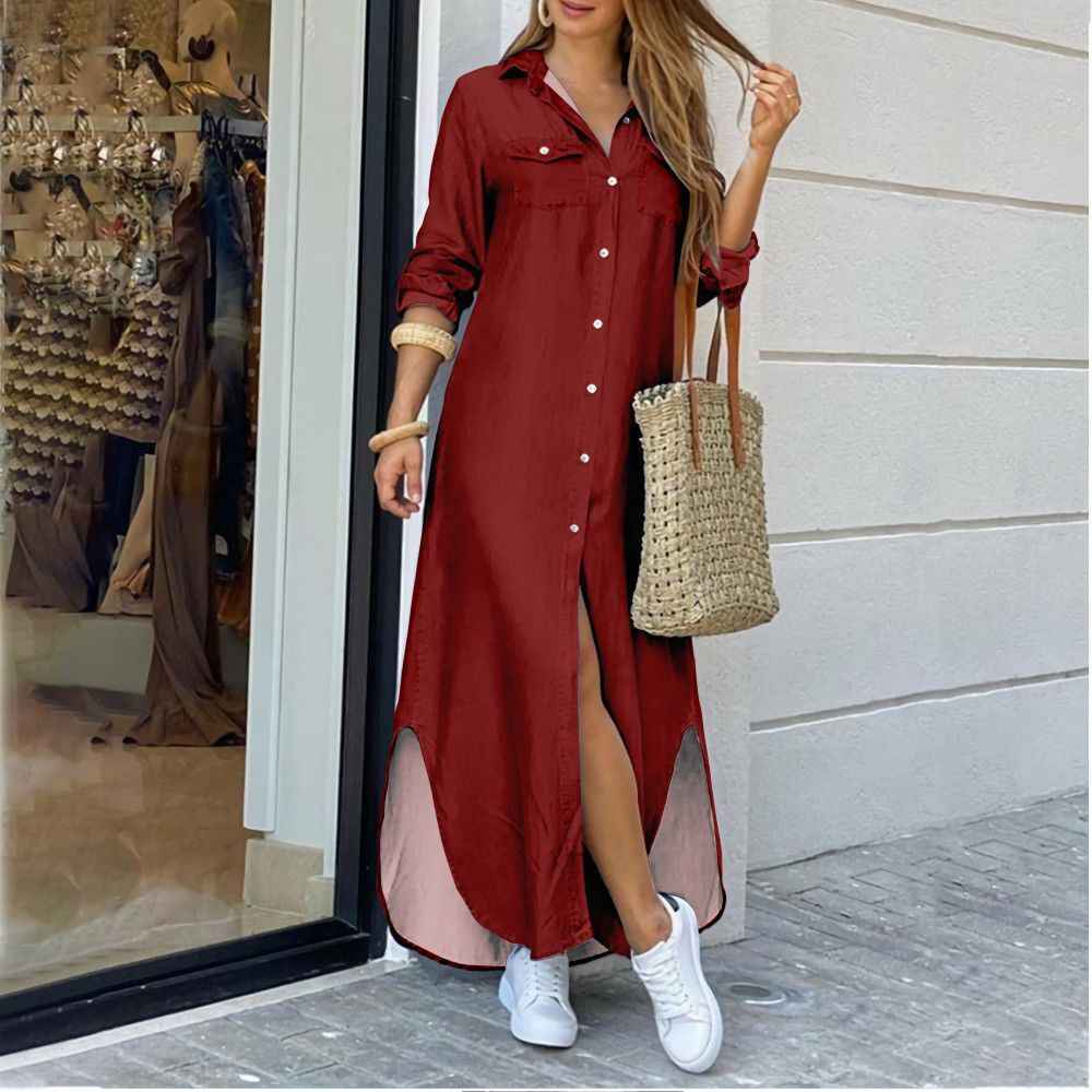 Women's A-Line Shirt Dress - Long Sleeve Casual Dress