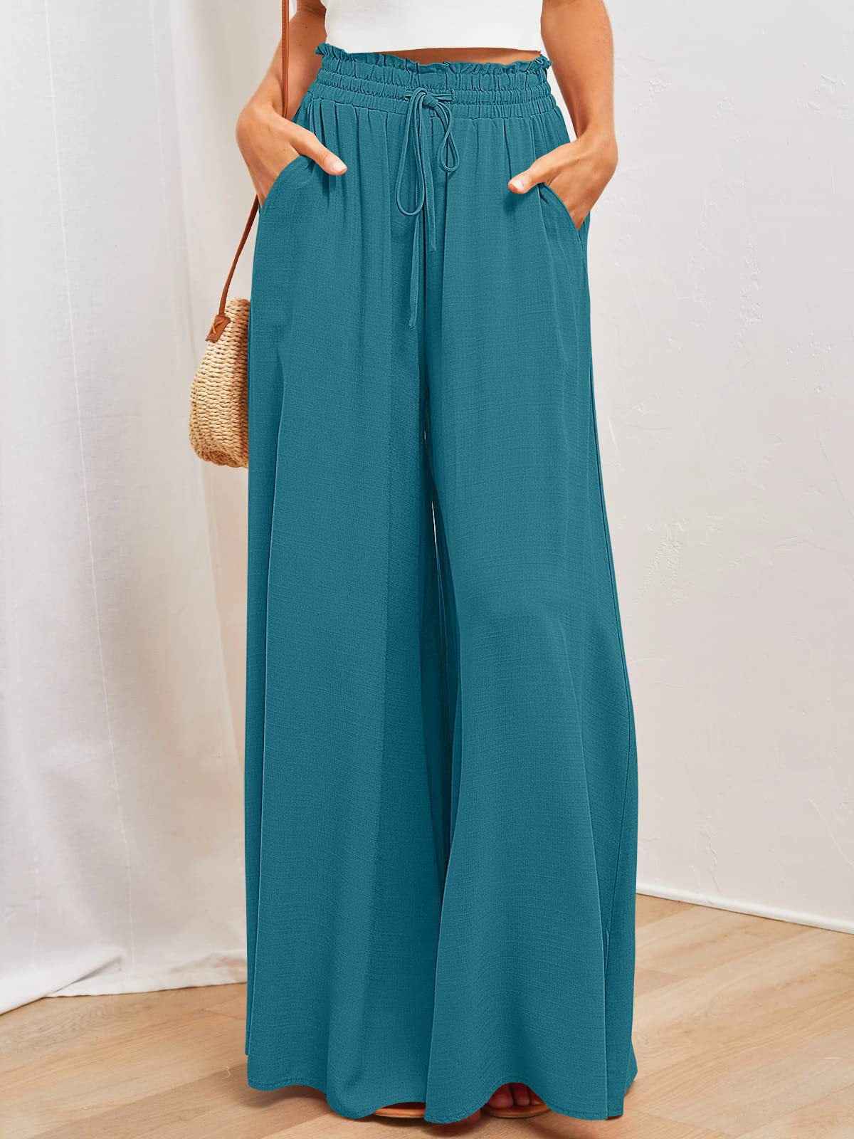 Women's High Waist Wide Leg Trousers | Lightweight Polyester Pants