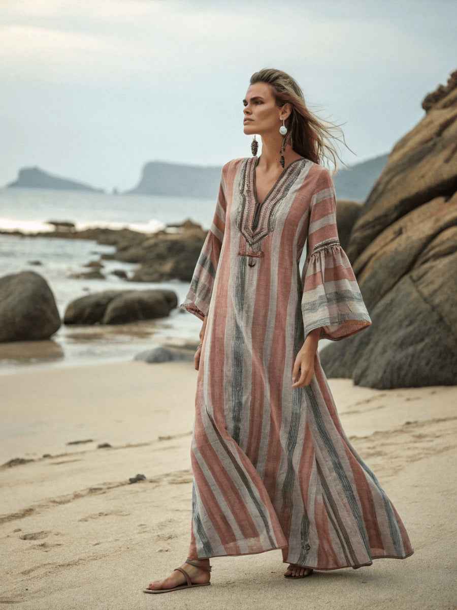 Women's 3D Floral Print V-Neck Dress with Pockets