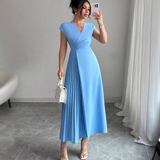 Women's V-Neck A-Line Dress - Sleeveless High Waist Long Dress