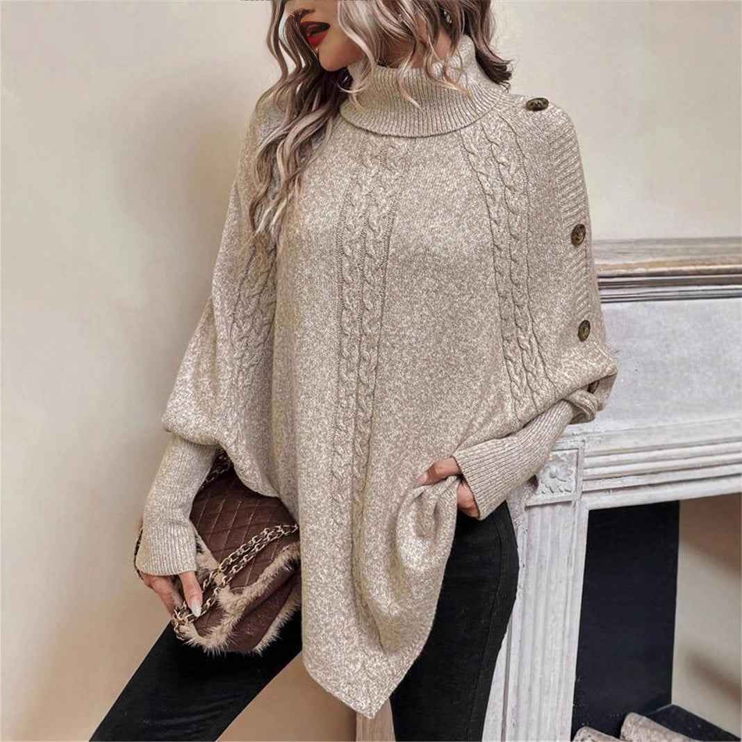 Cable Knit Sweater High Neck Batwing Sleeve Pullover