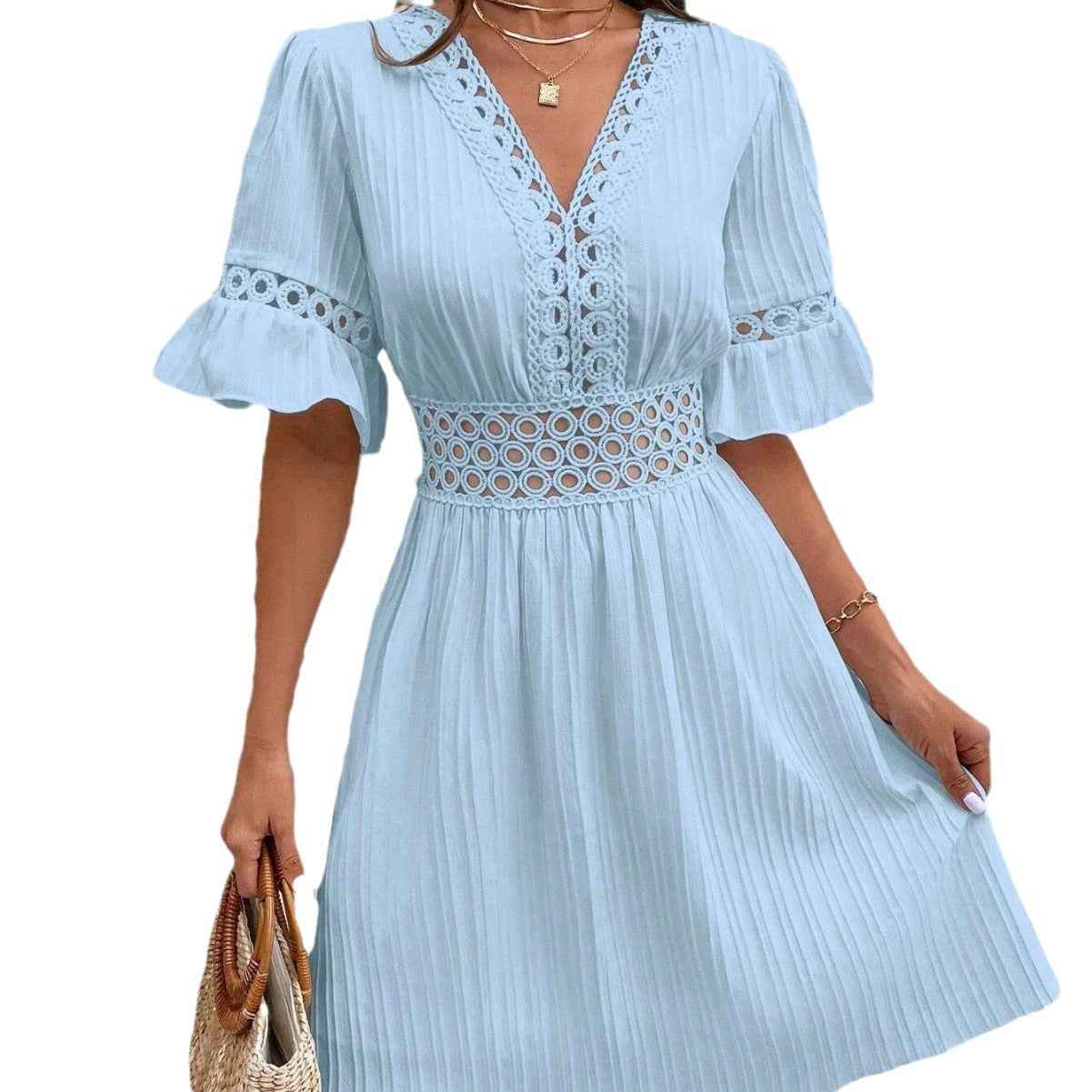 V-Neck Lace Midi Dress  Waist-Cinching A-Line Dress