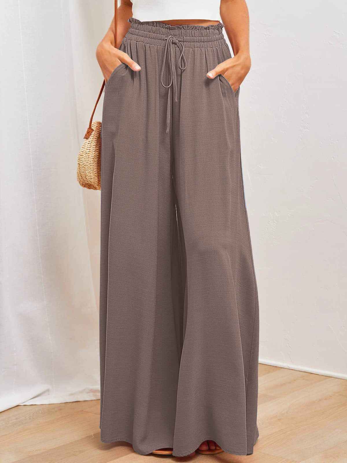 Women's High Waist Wide Leg Trousers | Lightweight Polyester Pants
