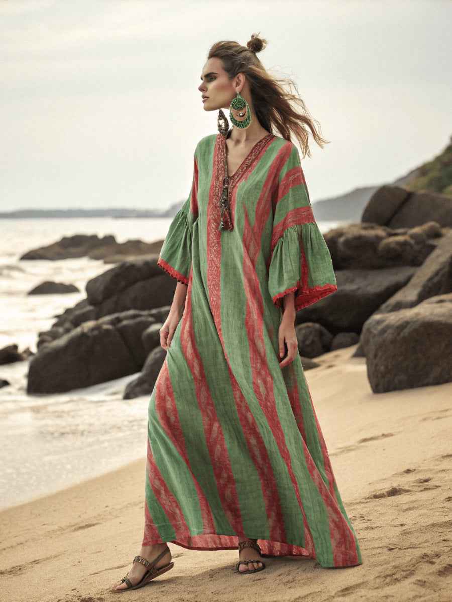 Women's 3D Floral Print V-Neck Dress with Pockets