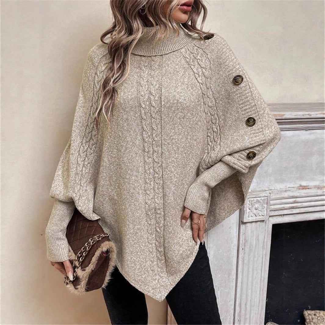 Cable Knit Sweater High Neck Batwing Sleeve Pullover