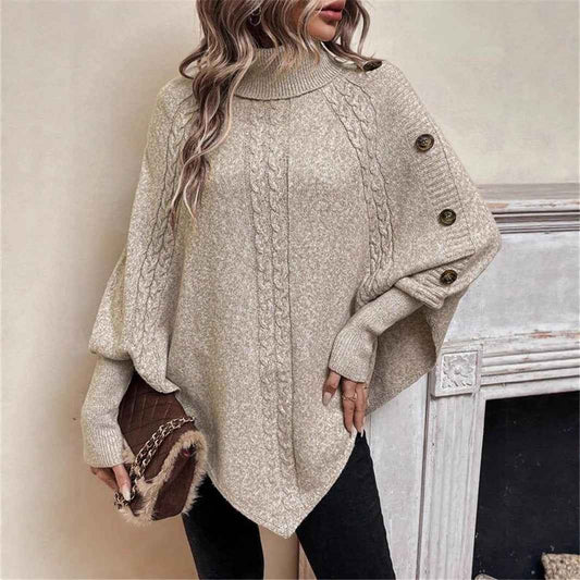 Cable Knit Sweater High Neck Batwing Sleeve Pullover