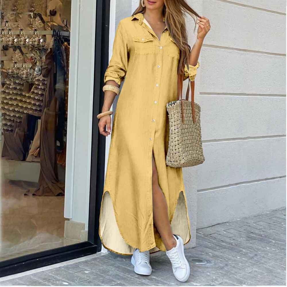Women's A-Line Shirt Dress - Long Sleeve Casual Dress