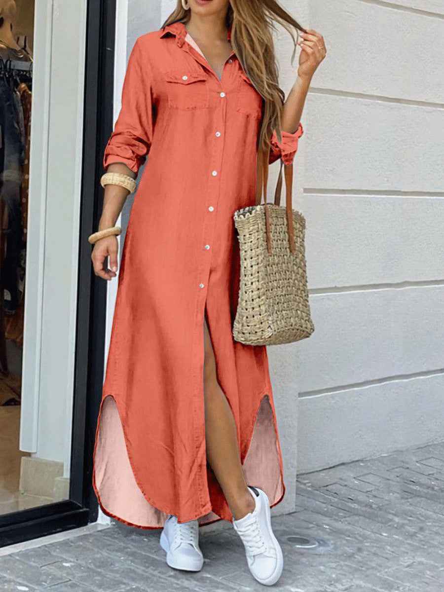 Women's A-Line Shirt Dress - Long Sleeve Casual Dress