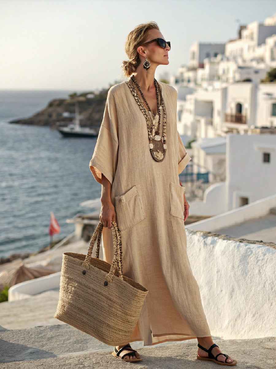 Women's 3D Floral Print V-Neck Dress with Pockets