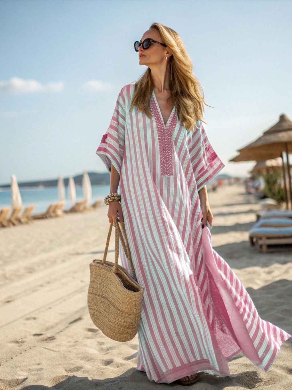 Women's 3D Floral Print V-Neck Dress with Pockets