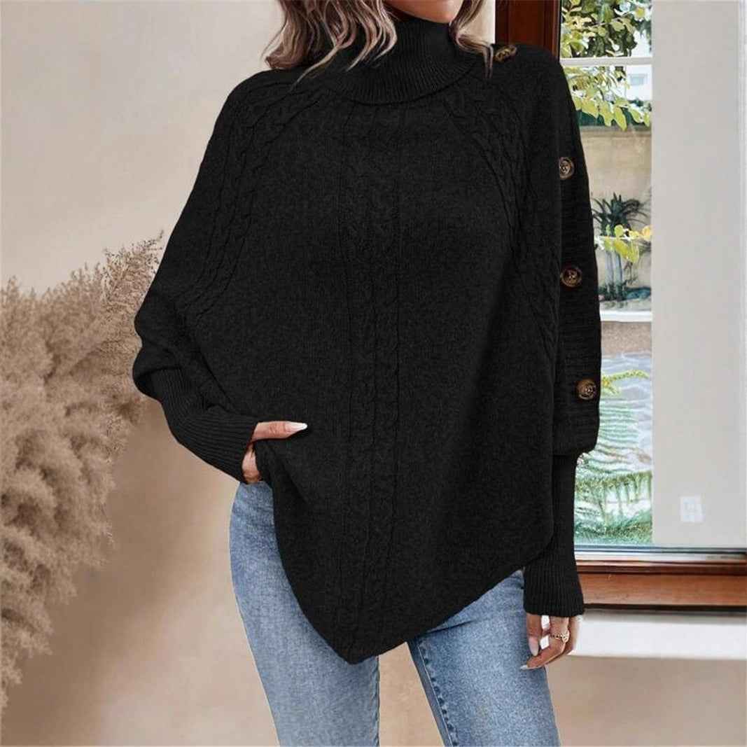 Cable Knit Sweater High Neck Batwing Sleeve Pullover