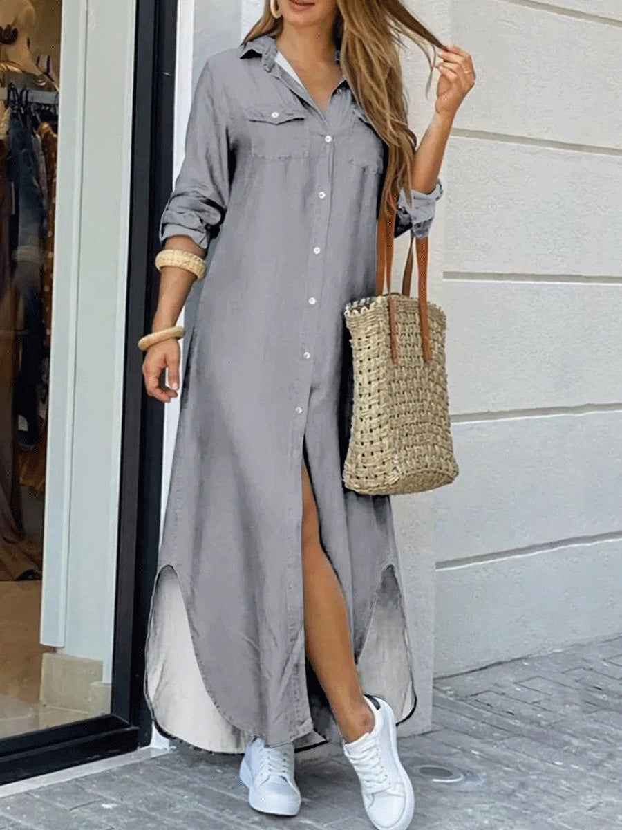 Women's A-Line Shirt Dress - Long Sleeve Casual Dress