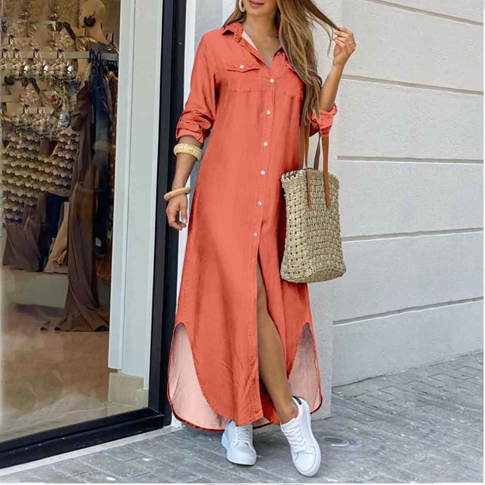 Women's A-Line Shirt Dress - Long Sleeve Casual Dress
