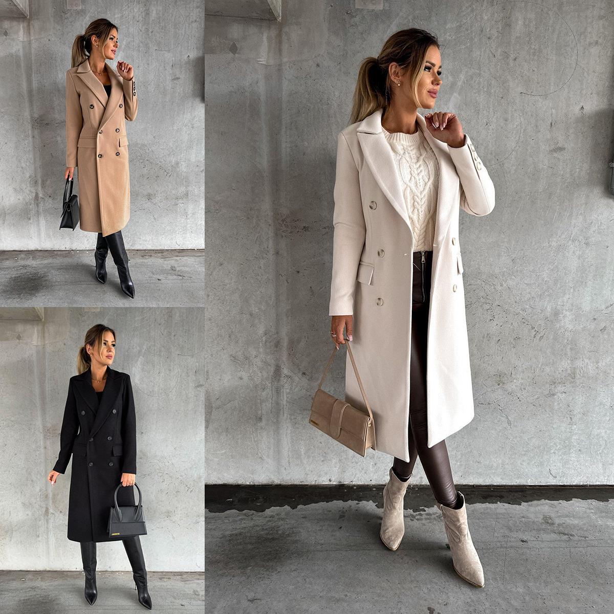 Women's Double Breasted Woolen Coat - Long Winter Jacket
