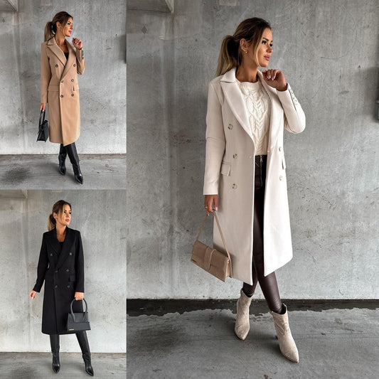 Women's Double Breasted Woolen Coat - Long Winter Jacket