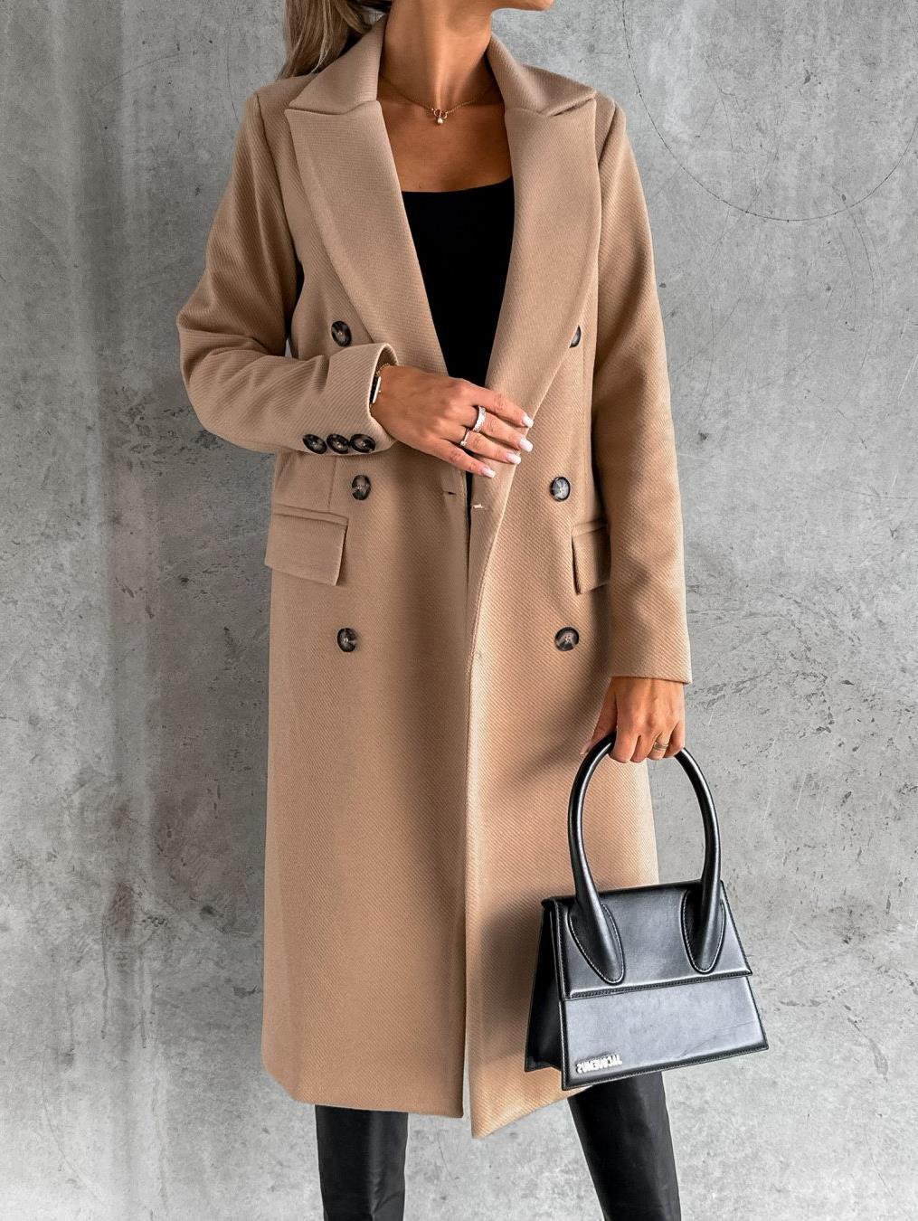 Women's Double Breasted Woolen Coat - Long Winter Jacket