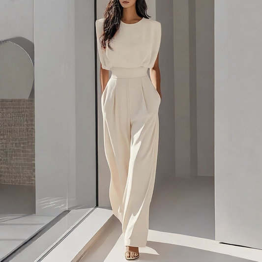 Women's High Waist Sleeveless Jumpsuit - Elegant Straight Leg Romper with Pockets