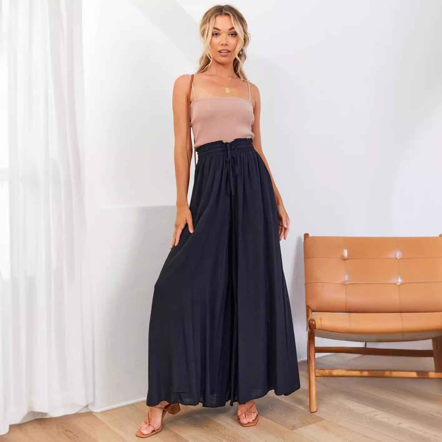 Women's High Waist Wide Leg Trousers | Lightweight Polyester Pants