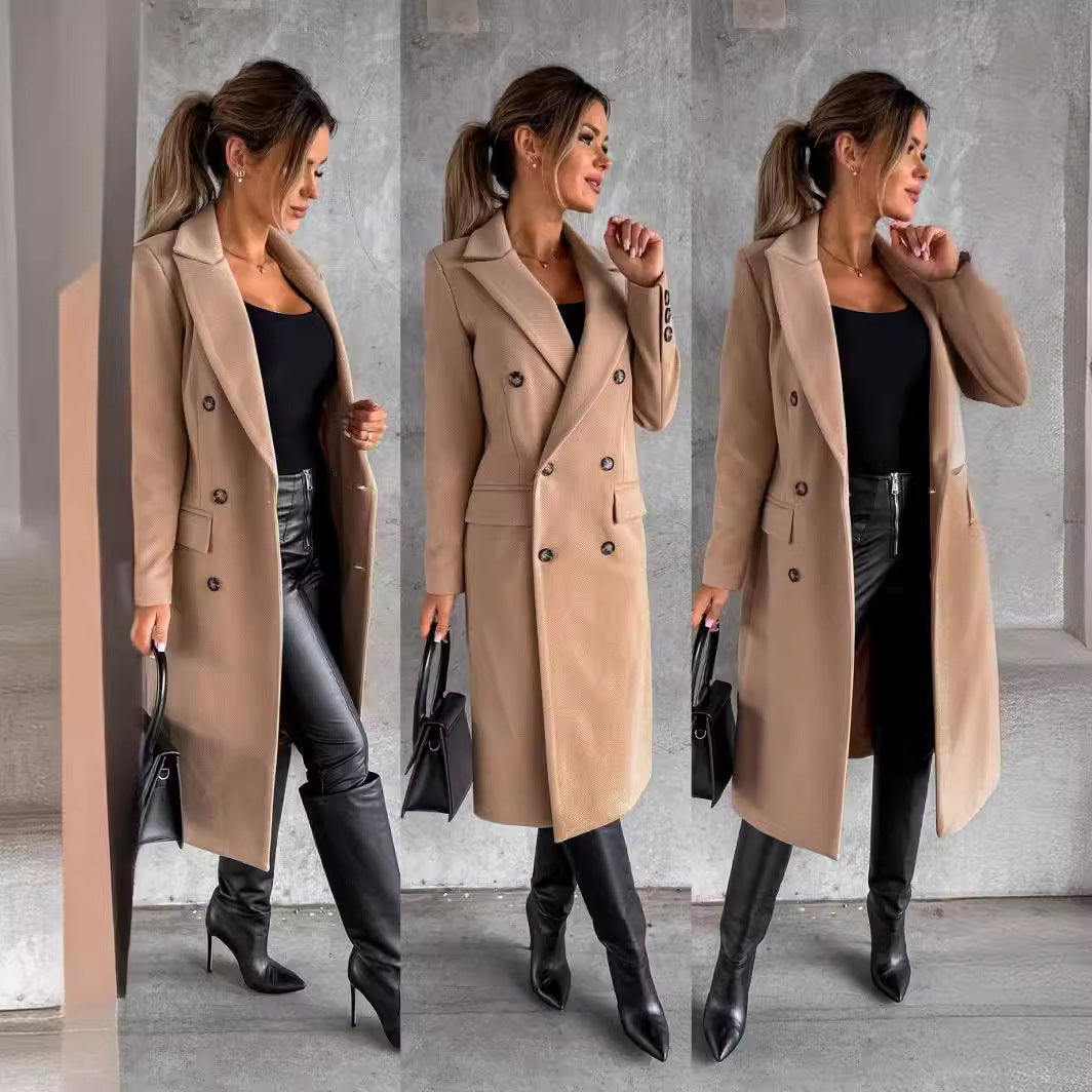 Women's Double Breasted Woolen Coat - Long Winter Jacket