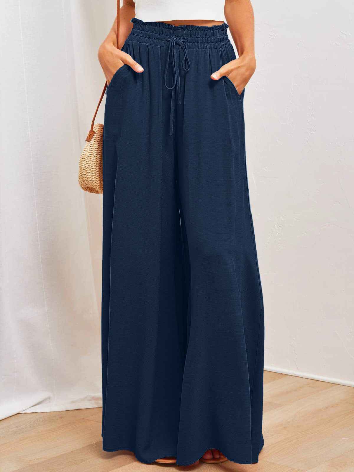 Women's High Waist Wide Leg Trousers | Lightweight Polyester Pants