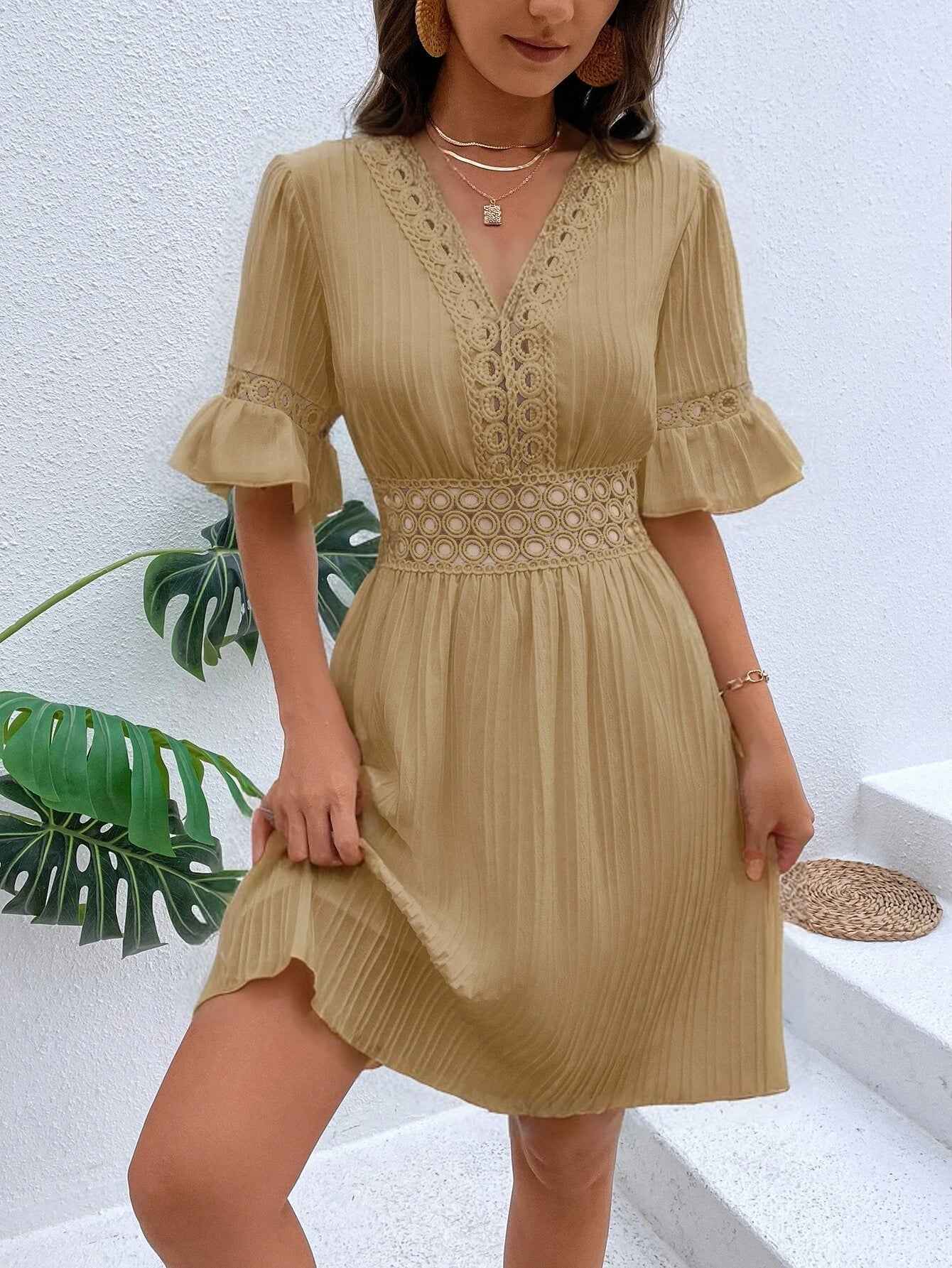 V-Neck Lace Midi Dress  Waist-Cinching A-Line Dress