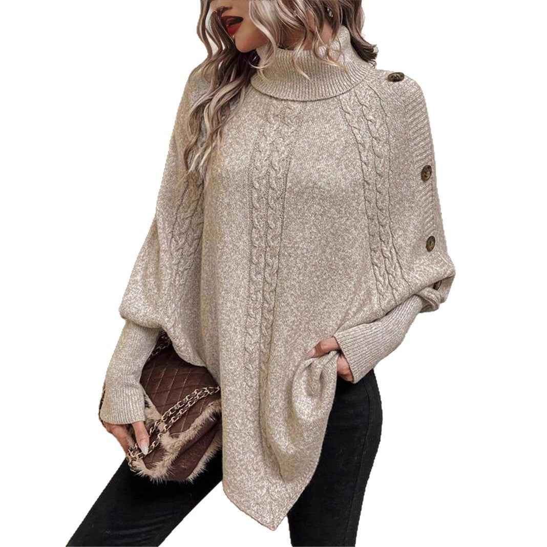 Cable Knit Sweater High Neck Batwing Sleeve Pullover