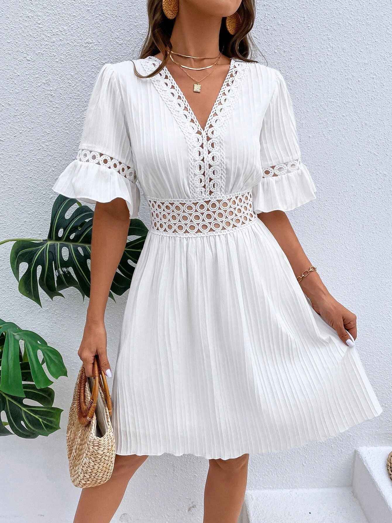 V-Neck Lace Midi Dress  Waist-Cinching A-Line Dress