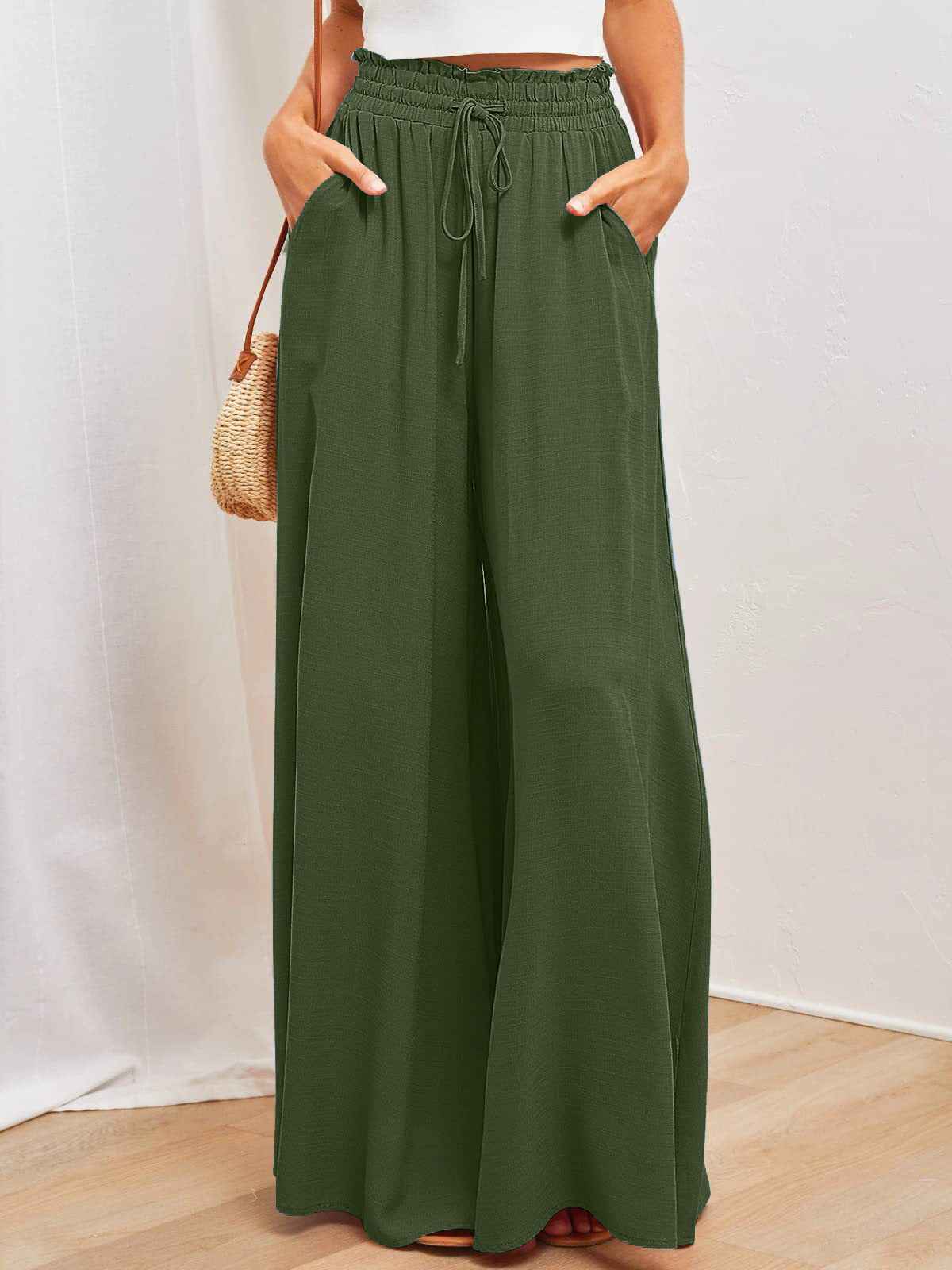 Women's High Waist Wide Leg Trousers | Lightweight Polyester Pants