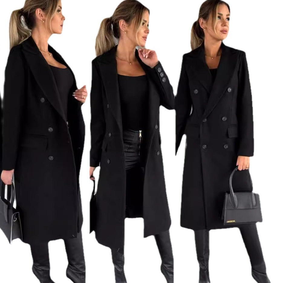 Women's Double Breasted Woolen Coat - Long Winter Jacket