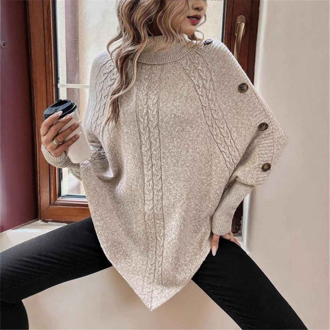 Cable Knit Sweater High Neck Batwing Sleeve Pullover