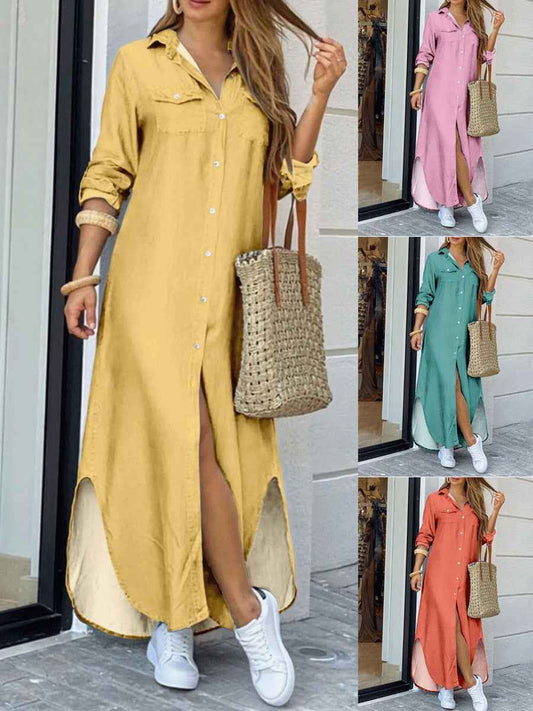 Women's A-Line Shirt Dress - Long Sleeve Casual Dress