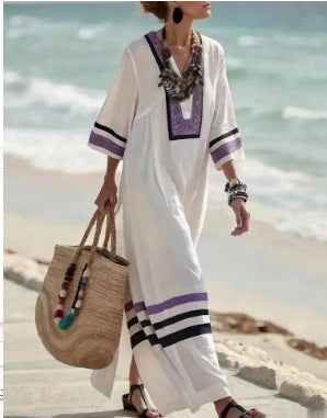 Women's 3D Floral Print V-Neck Dress with Pockets