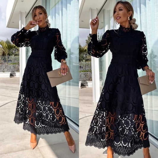 Women's Lace Long Sleeve Maxi Dress - Elegant Cutout Stand Collar Gown