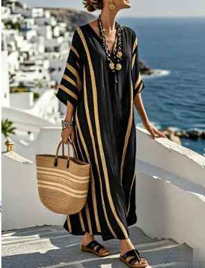 Women's 3D Floral Print V-Neck Dress with Pockets