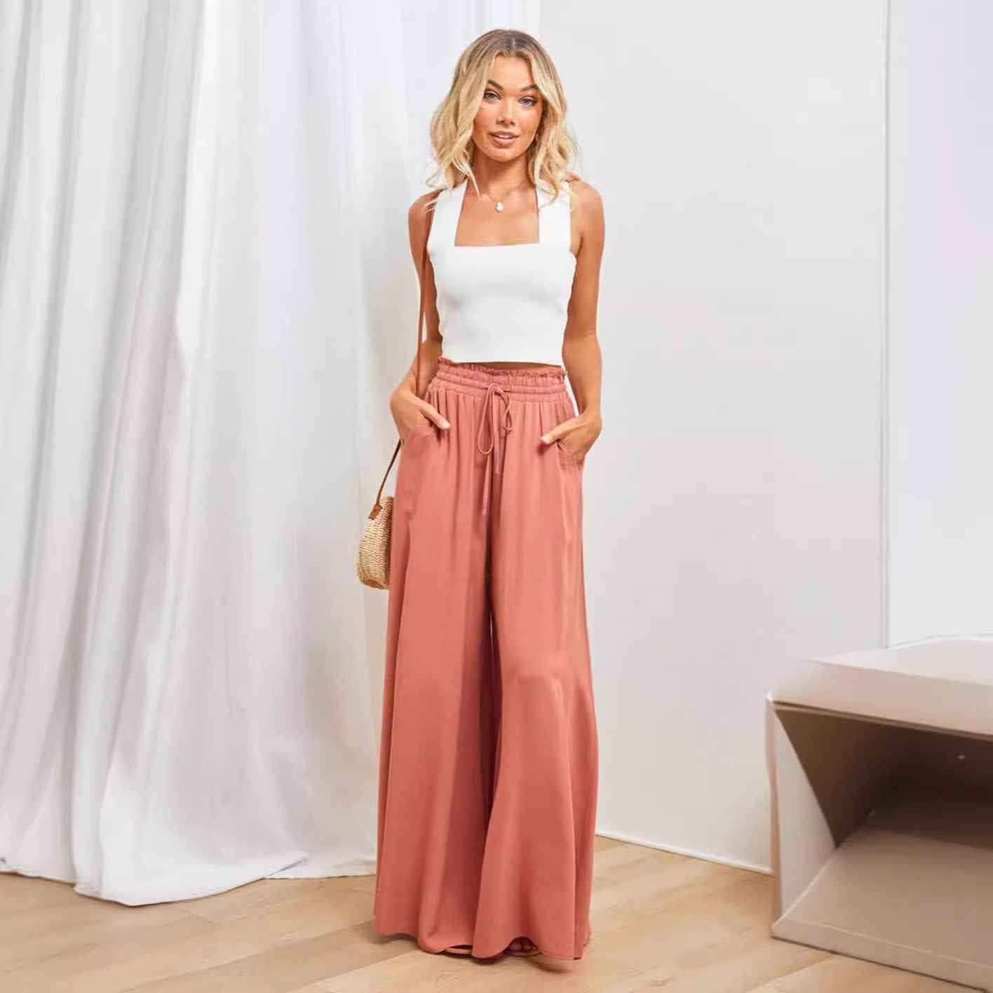 Women's High Waist Wide Leg Trousers | Lightweight Polyester Pants