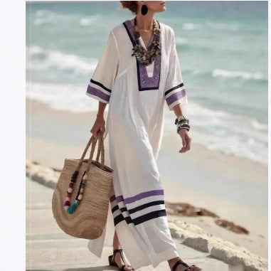 Women's 3D Floral Print V-Neck Dress with Pockets