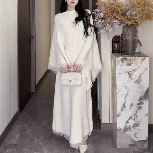 Women's Knitted Cape Suit Set - Tassel Two Piece Outfit