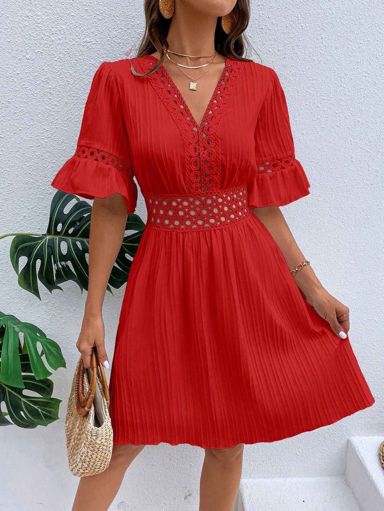 V-Neck Lace Midi Dress  Waist-Cinching A-Line Dress