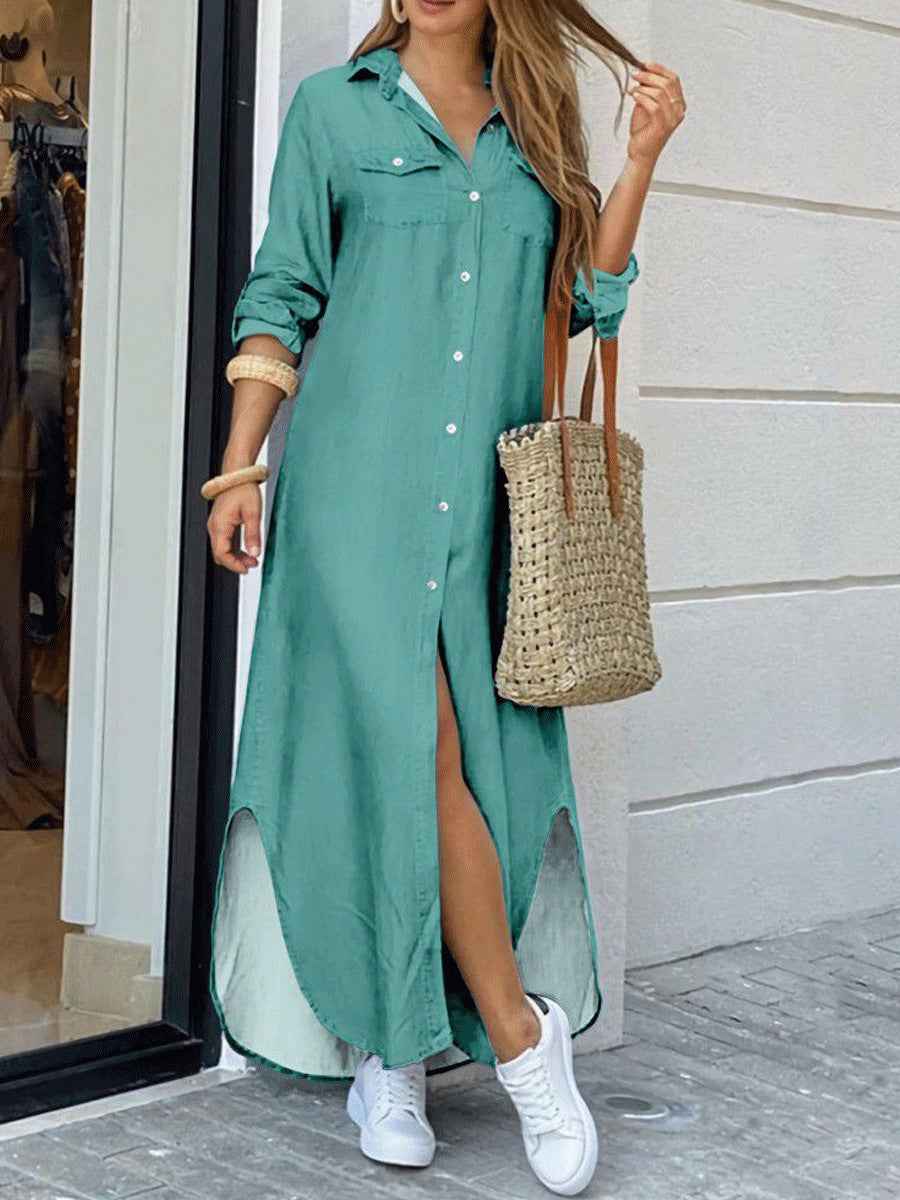 Women's A-Line Shirt Dress - Long Sleeve Casual Dress