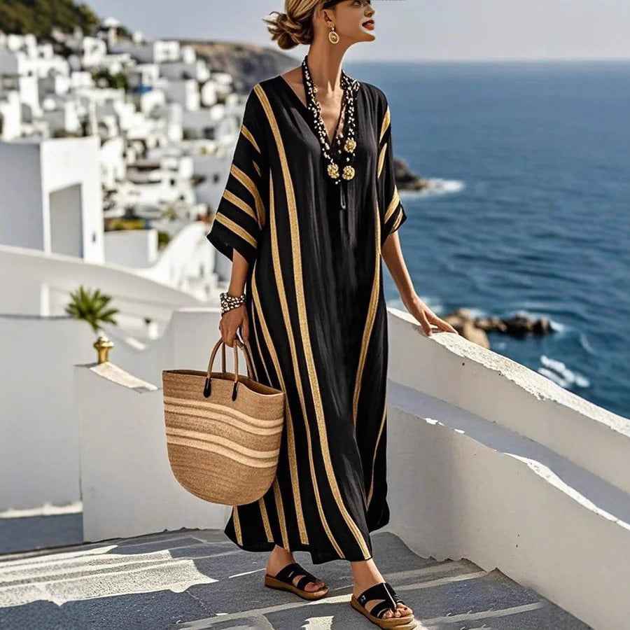 Women's 3D Floral Print V-Neck Dress with Pockets