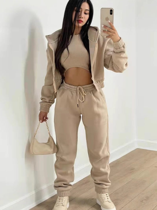 Women's 3-Piece Fleece Tracksuit Set - Hooded Sweatshirt & Trousers