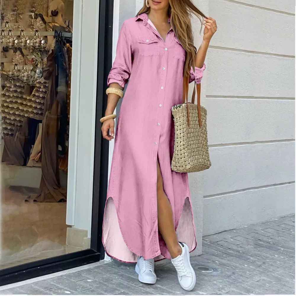 Women's A-Line Shirt Dress - Long Sleeve Casual Dress
