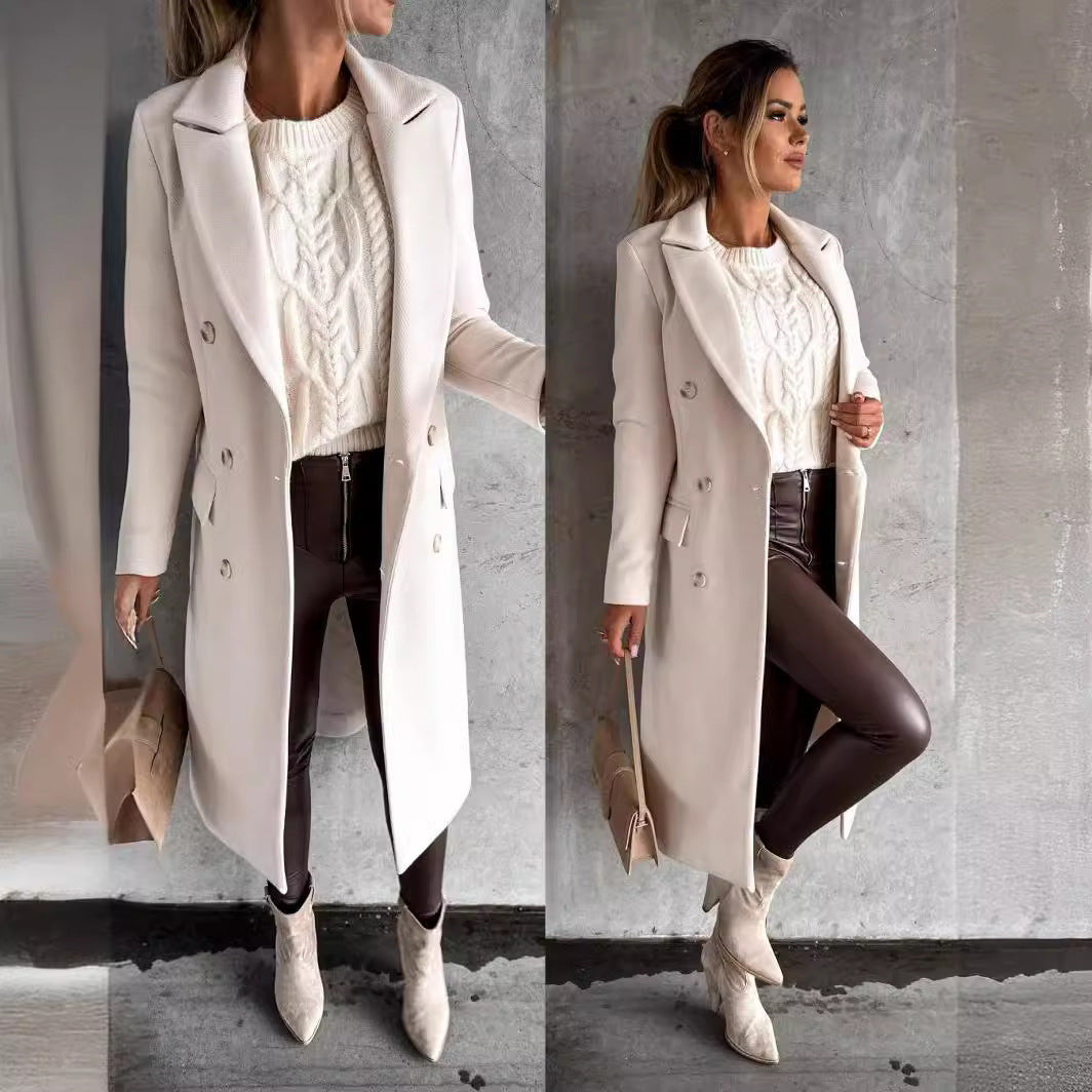 Women's Double Breasted Woolen Coat - Long Winter Jacket